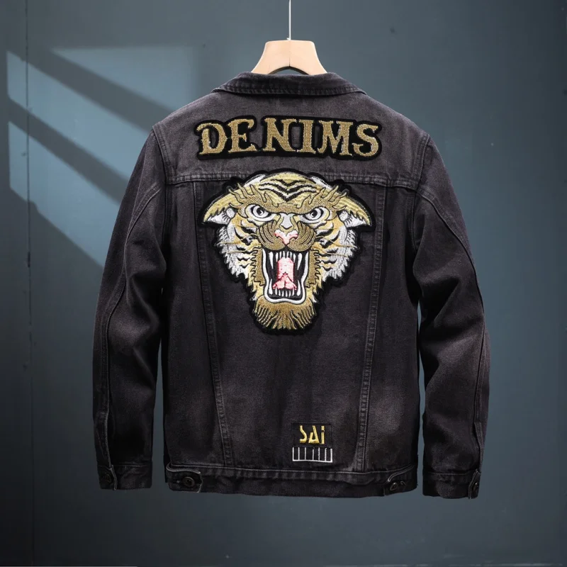 

2024 new tiger embroidery denim jacket men's fashion street retro trend casual high-end handsome motorcycle clothes