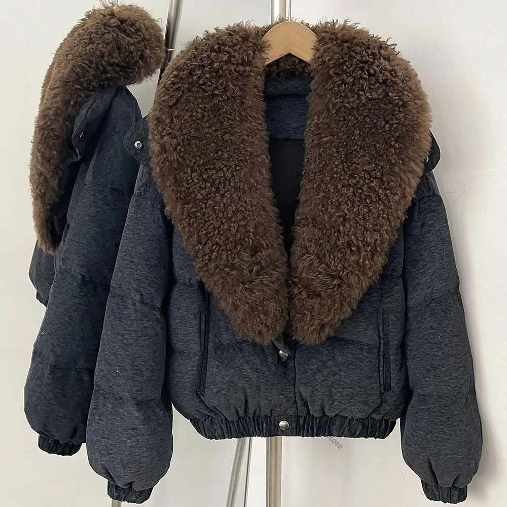 Women Duck Down Filled Winter Coat Zipper Fasten Lamb Fur Collar Thick Outerwear Freezing Weather Classic High Street Outer wear