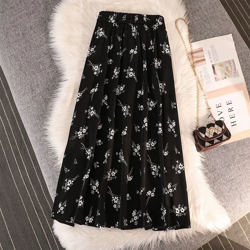 High Waist Thin Summer Latest Women's Medium Long Floral Petite Figure Dresses Big Pendulum Skirts Girls Black White Printing