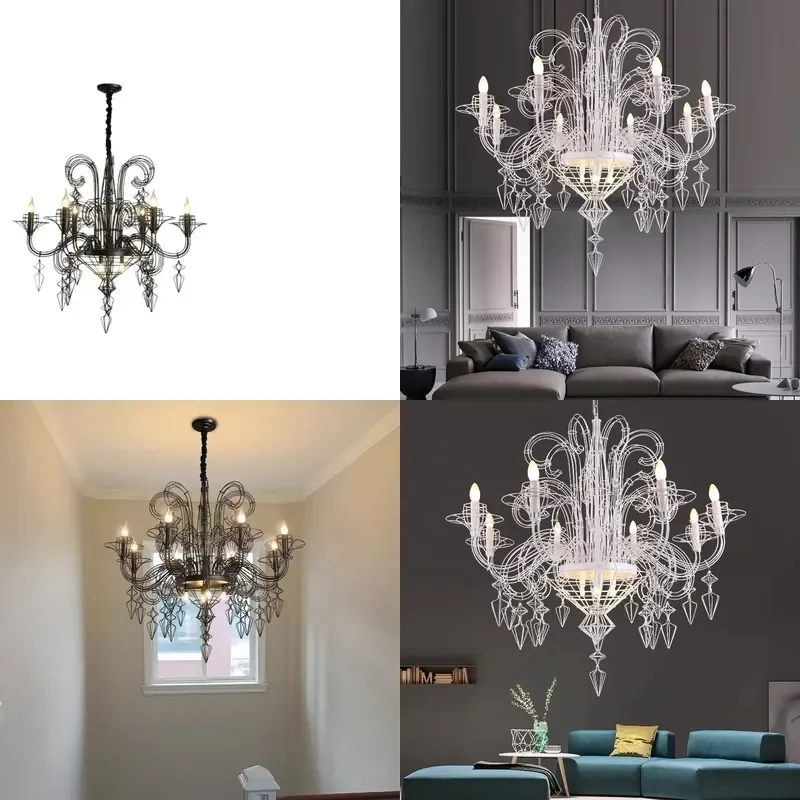 Black French Retro Chandelier Baroque Hollow Metal Pendant Light for Living Room Villa Staircase Decorative Ceiling Lamp