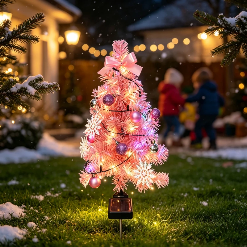 Outdoor Solar Power Xmas Lights - Güneş Enerjili Pembe Noel Ağacı Lambası,