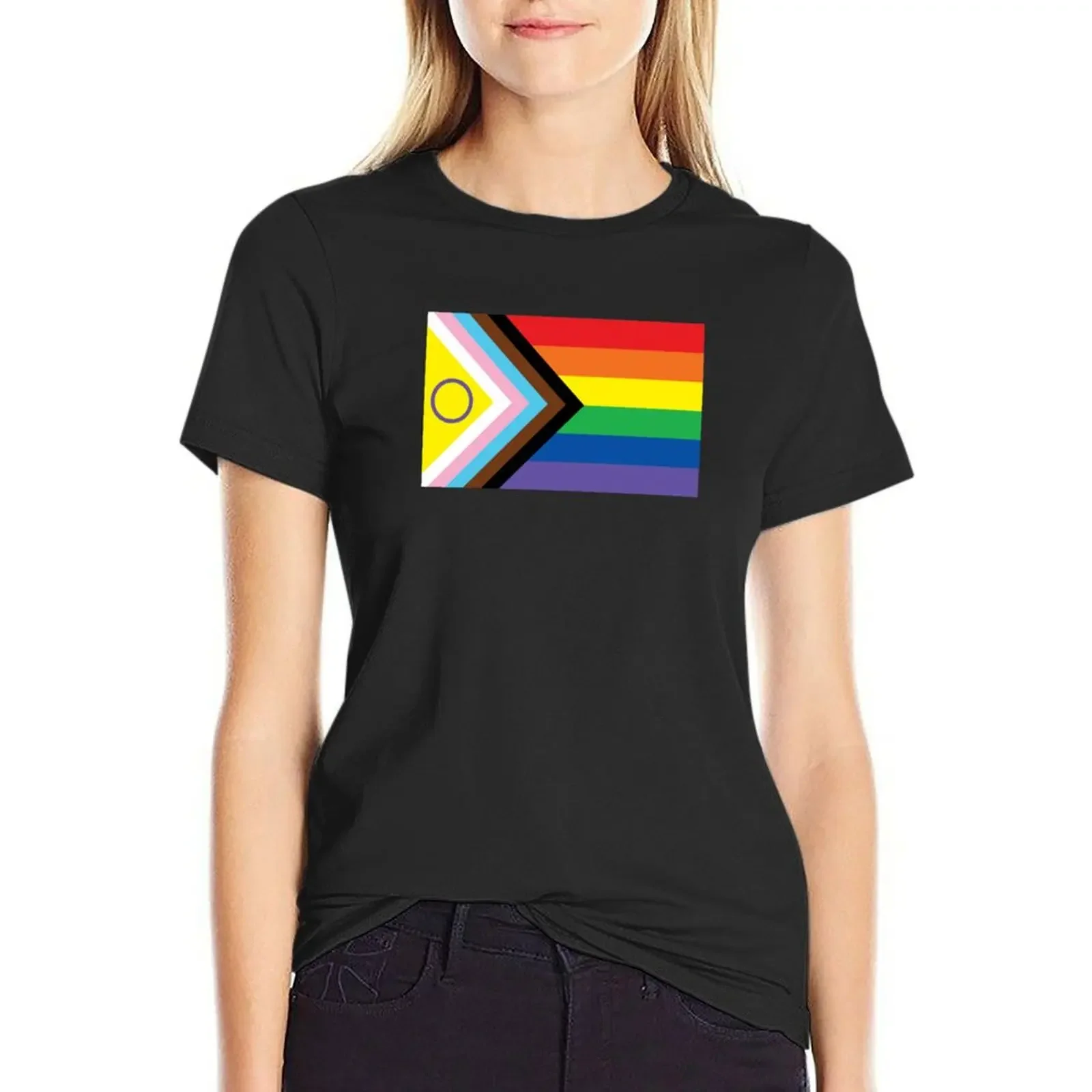 

New 2021 Intersex-Inclusive Progress Pride Flag T-Shirt summer tops sports fans oversized rock and roll t shirts for Women