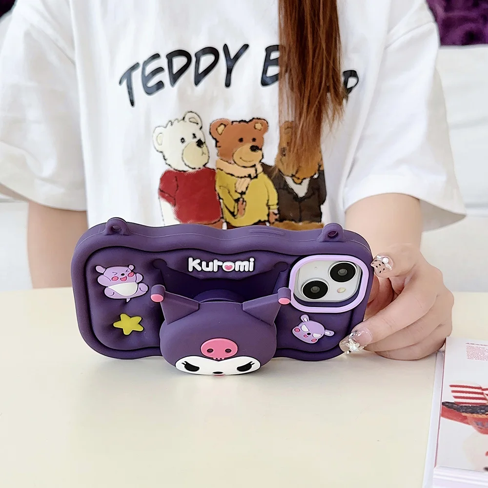 Kwaii Kuromi Hello Kitty Soft Silicone Case For iPhone 16 Plus 15 14 13 12 Pro Max 3D Cartoon Stand Holder Cover With Neck Strap