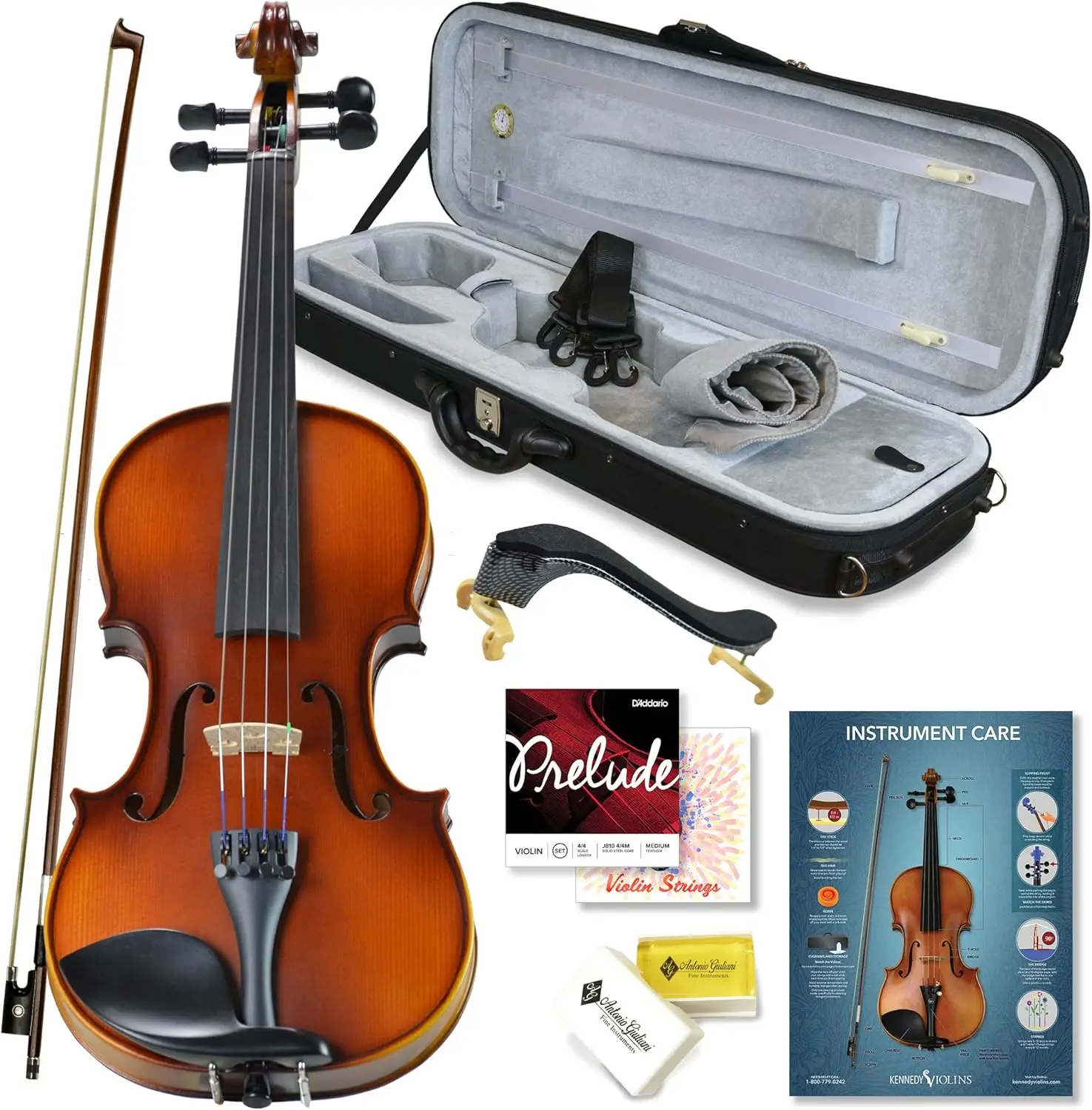 

Violin Outfit 4/4 Full Size By Kennedy Violins - Carrying Case and Accessories Included - Solid Maple Wood and Ebon