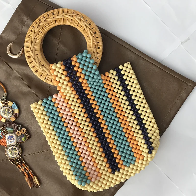

2026 Vintage Colored Beaded Handbags Handwoven Loop Handle Design Contrasting Color Hollow Out Women's Braided Bag