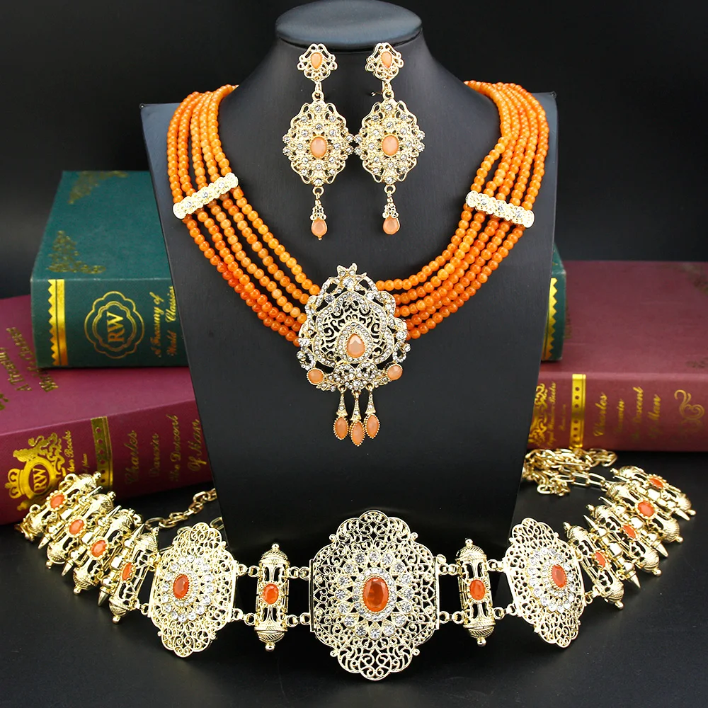 Sunspicems Chic Morocco Bride Wedding Jewelry Sets For Women Orange Beads Choker Necklace Crystal Drop Earring Waist Chain Belt