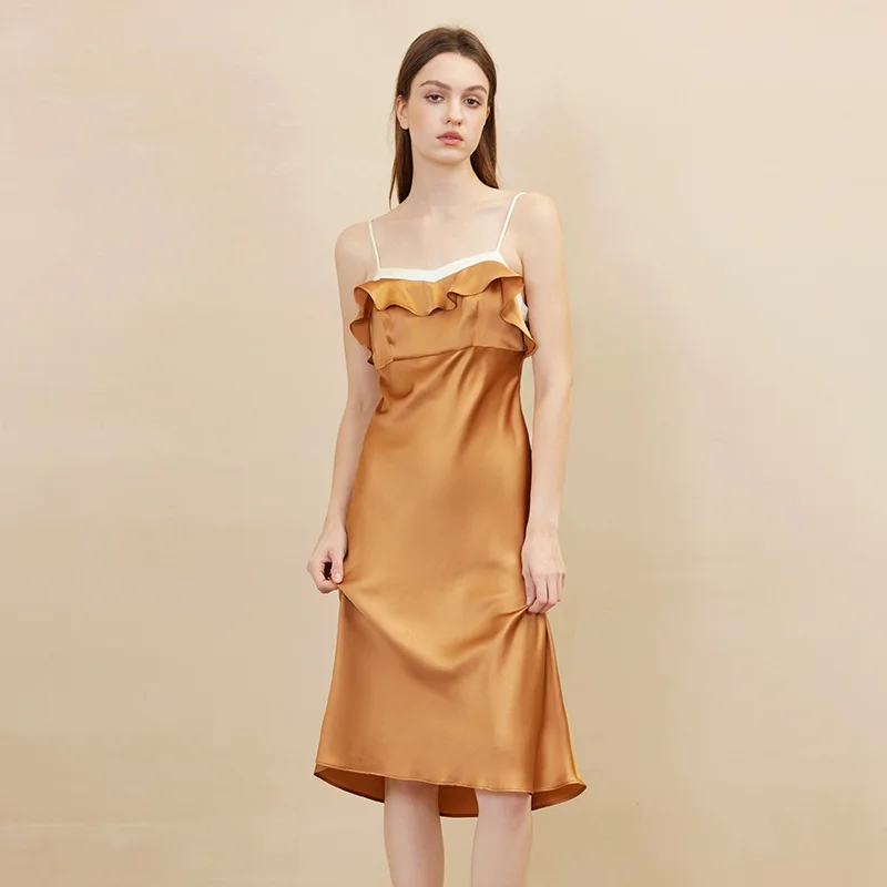 100% de seda Mulberry, camisola de seda de colores contrastantes, vestido con recorte en la espalda, camisón cómodo y Sexy, vestido liso y sedoso elegante de lujo
