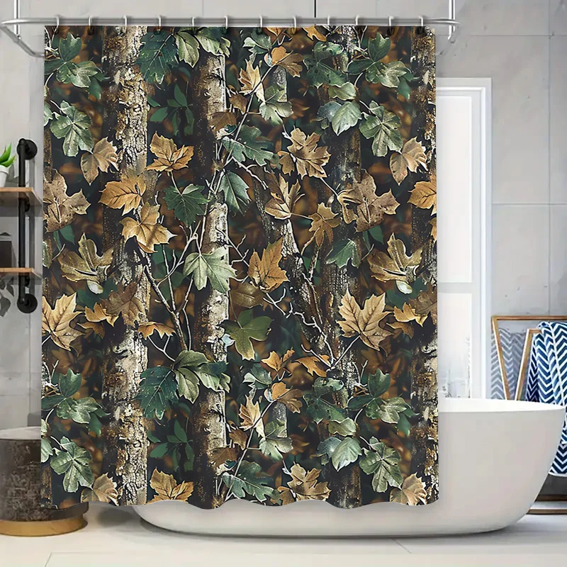 Camouflage Leaf Shower Curtain Dark Green Forest Print for Bathroom Decor Waterproof Fabric Shower Caddy with Rings