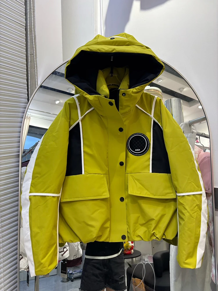 

Зимний лоскутный теплый пуховик с капюшоном, женская свободная короткая куртка с большим карманом, женская куртка на белом утином пуху, толстая молния, верхняя одежда Parker