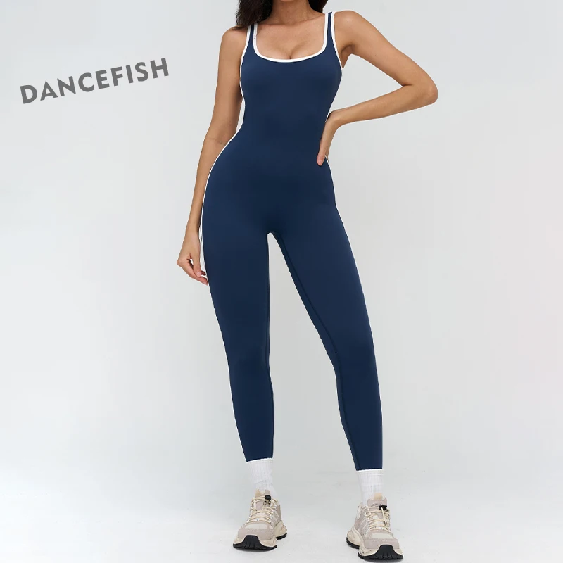

Women's Color-Block Yoga Jumpsuit Generous Neckline Fitness Running Sports Suit - Comfortable Active Wear