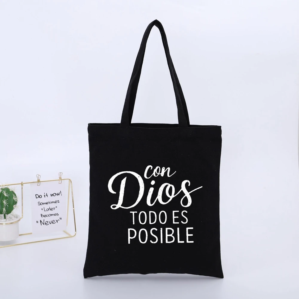 Typography Print Canvas Tote Bag, Casual Style for Daily Shopping and Urban Outings