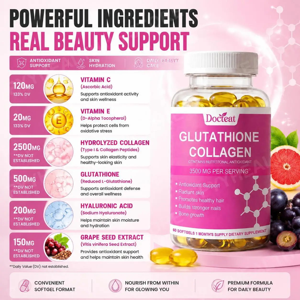 Glutathione Collagen Softgels with Vitamin C E, Hyaluronic Acid and Grape Seed, Beauty Antioxidant Support for Adults, 60 Count - view 4
