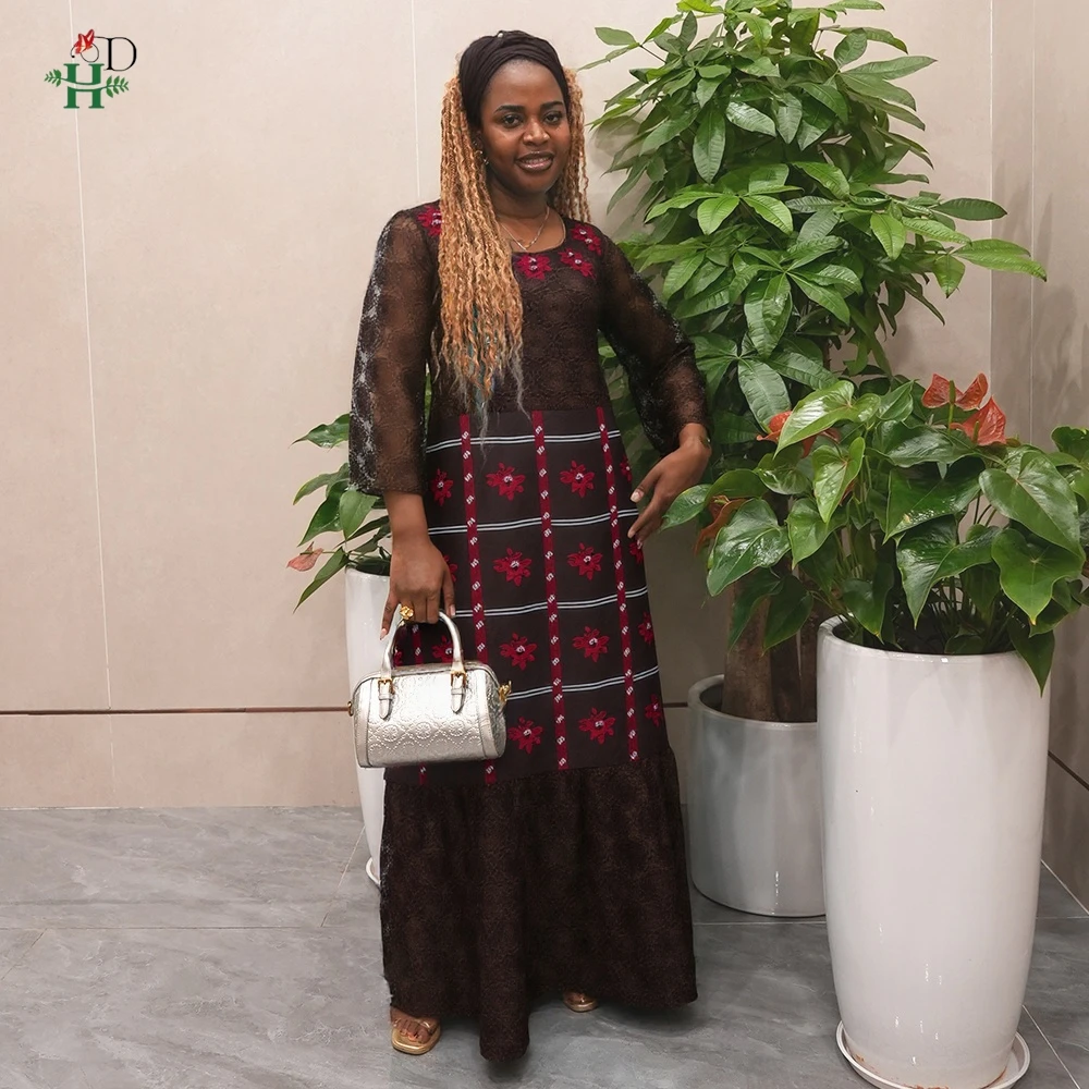 H & D الملابس الأفريقية حجم كبير للنساء فساتين أنيقة بازان الثراء التطريز حفل زفاف الملابس التقليدية مسلم الدانتيل ثوب