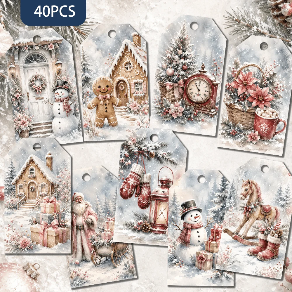 Étiquettes décoratives de Noël d'hiver, étiquettes cadeaux de fêtes, décorations de fête, accents d'emballage faits à la main, corde en jute, 40 pièces