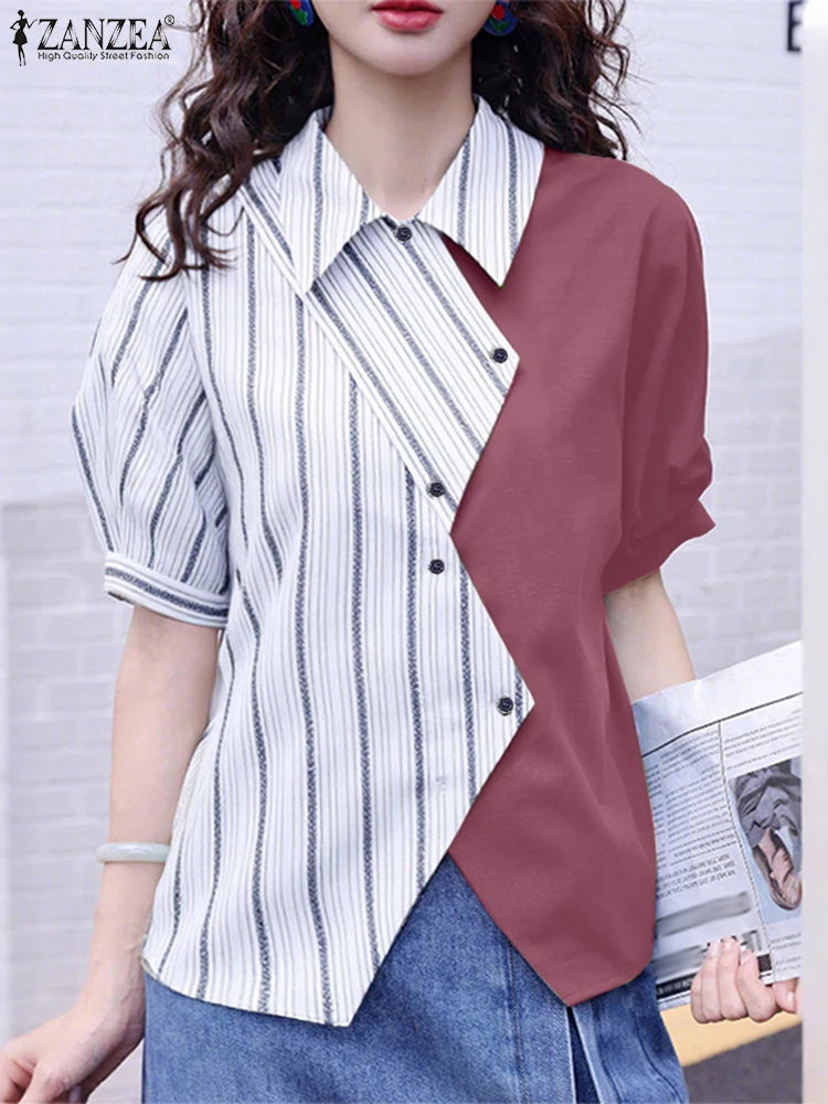 

ZANZEA 2025 летние стильные рубашки, офисная женская блузка, элегантная рабочая рубашка с лацканами и короткими рукавами, Blusas в полоску, лоскутные топы