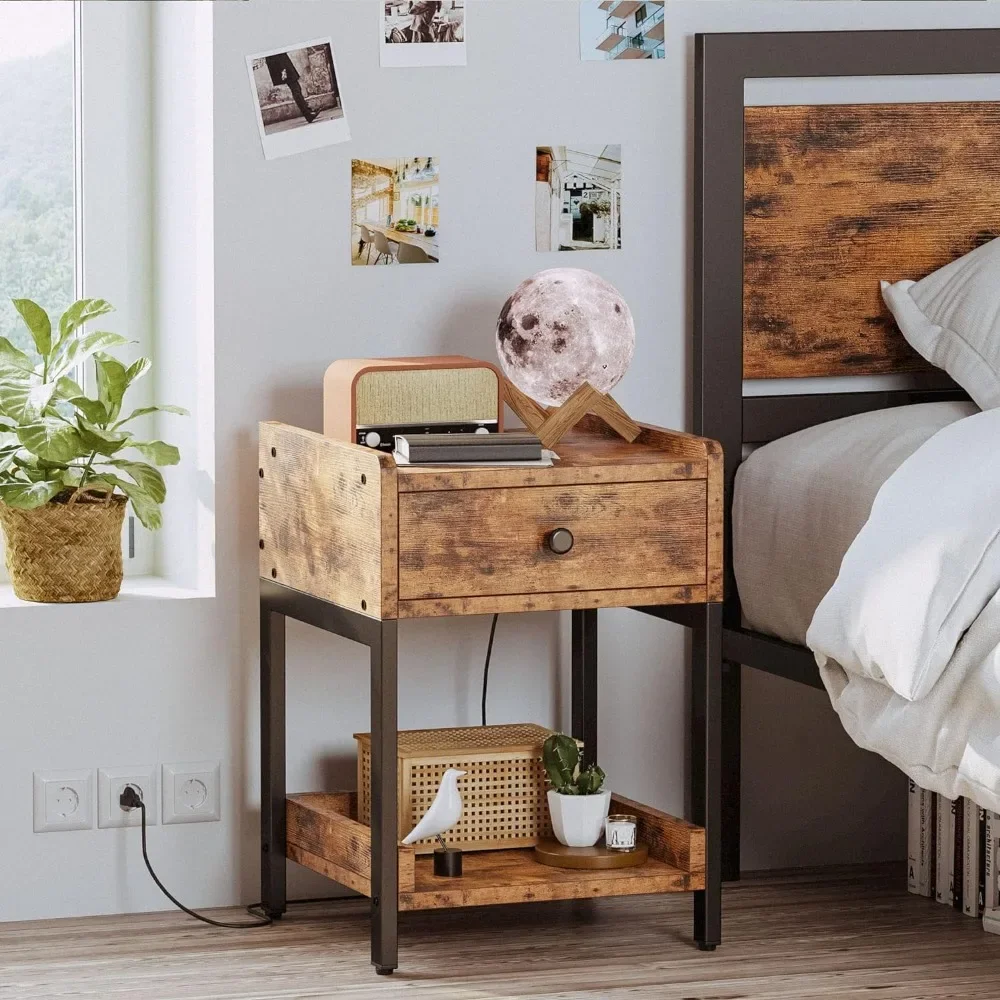 

Set of 2 Bedside Table with Charging Station, Drawer and Shelf for Bedroom, Easy Assembly, Stable and Sturdy, Vintage Brown