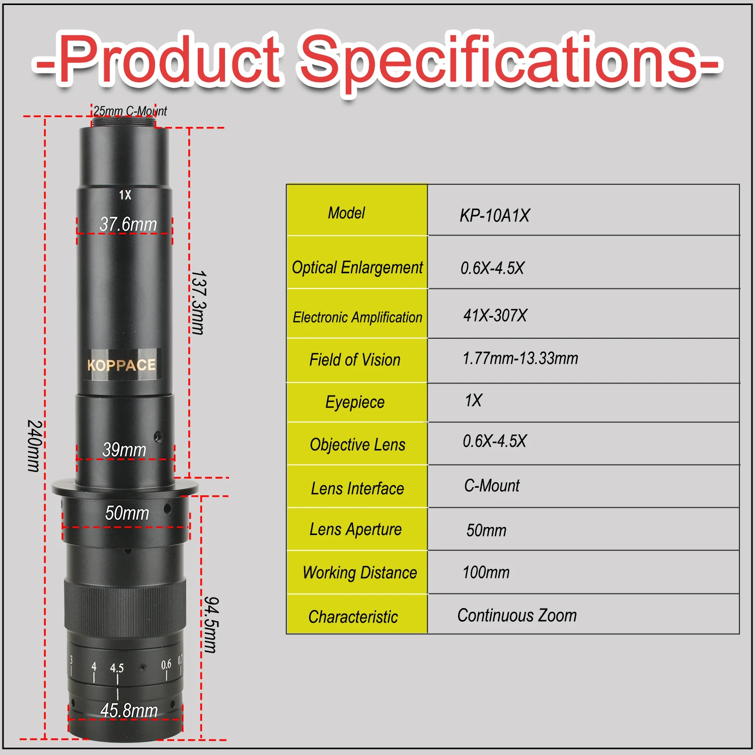 KOPPACE 41X-307X HD Microscope Lens C-Mount 0.6X-4.5X Continuous Zoom Lens