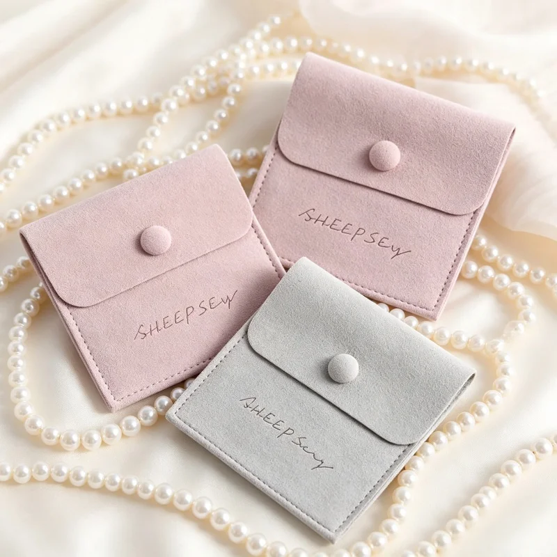 

SHEEPSEW Custom Printed Logo Mini Envelope Jewelry Bag Snap Button Closure Luxury Microfiber Jewelry Pouch