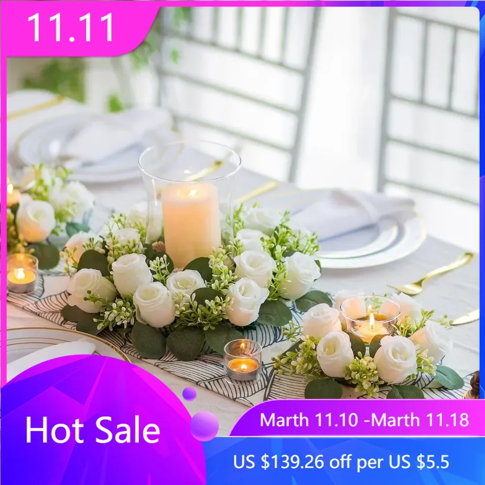 10 Pcs 14 inch Diam Large White Artificial Flowers Fake Roses  Rings Wreaths Spring Summer Wreath for Front Door Ceremony Decor