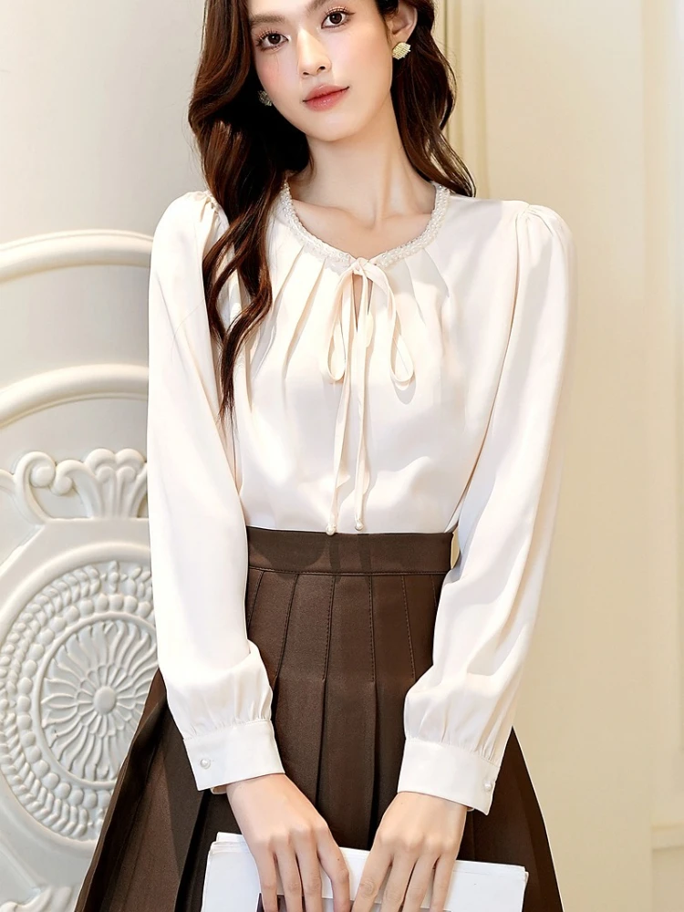 

2026 Spring office Ladies satin Shirts Fashion France style Women blouses Tops blusa mujer