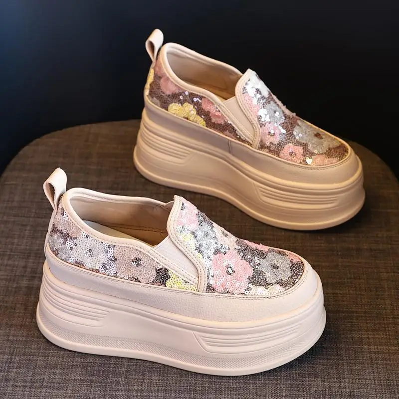 Sequin Flower Woman Platform Sneakers Wedge Shoes Female 8cm Height Increasing Ladies Breathable Cloth Casual Shoes Canvas Shoes