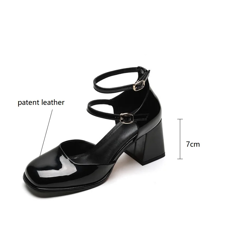 Patent Leather Summer Sandals Shoes for Women Cover Toe Sandals French Square Toe Chunky Heel Women Shoes Zapatos Mujer Handmade