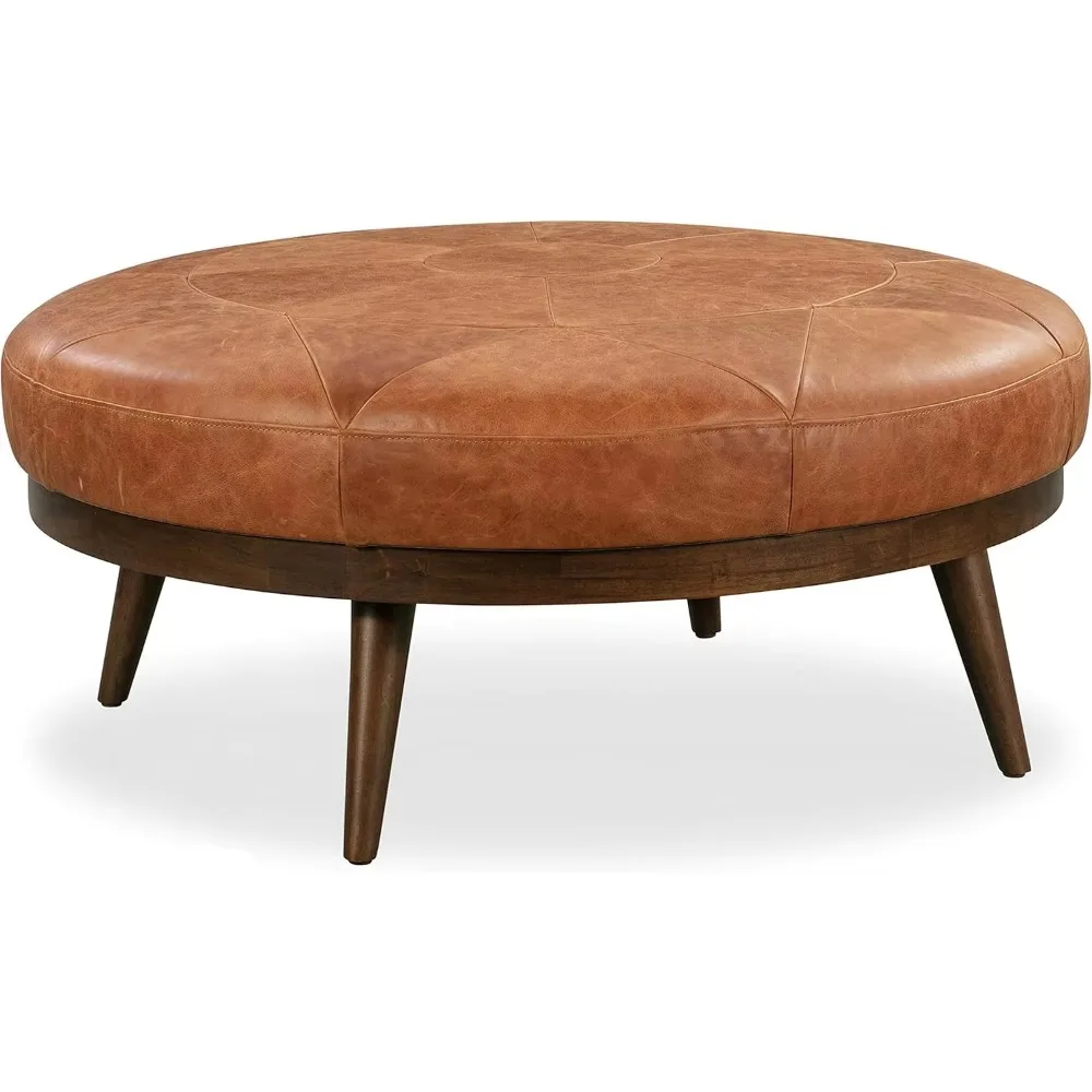 Modern Leather Ottoman Pouf (Cognac Tan), Feather Down Blend Topper. Seamed Pattern on Top