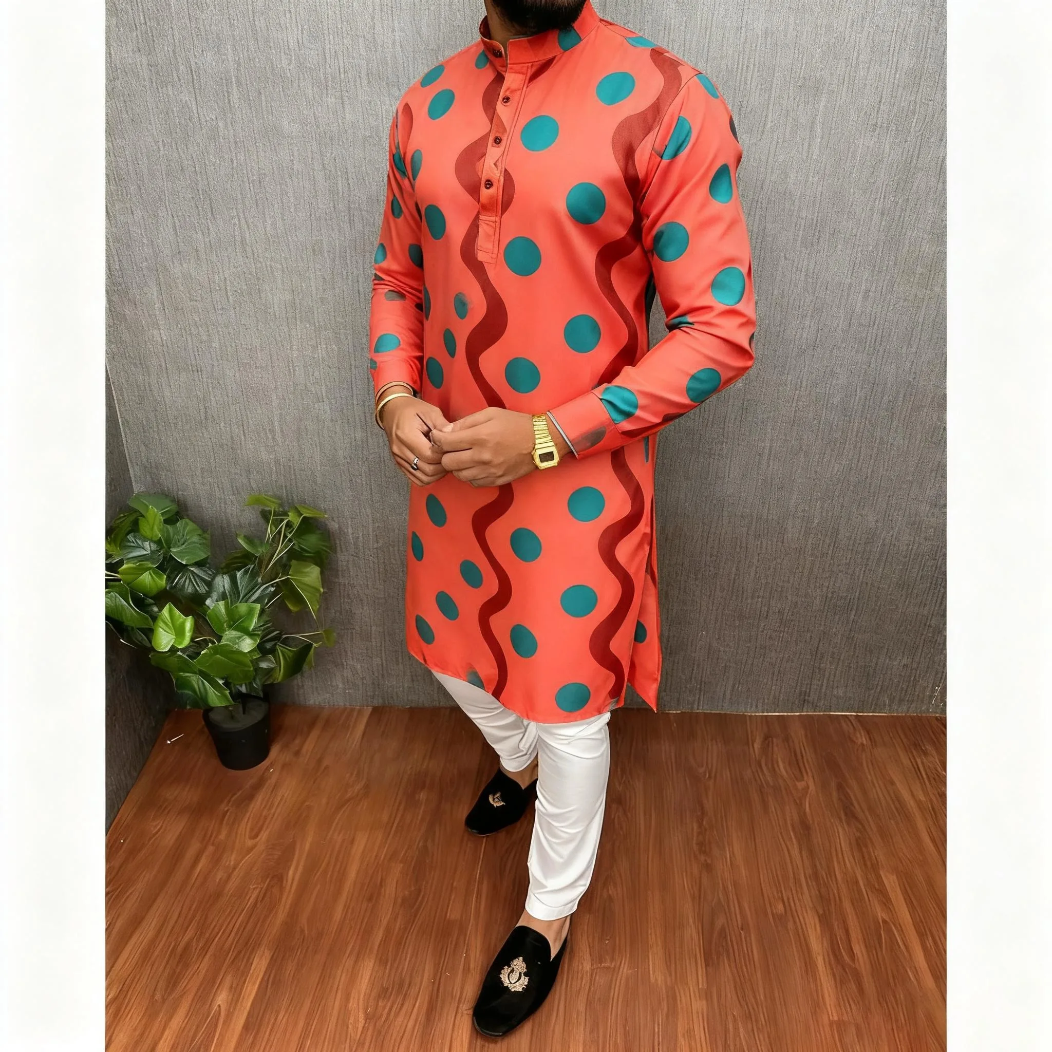 Stile nazionale Uomo Stampato digitale Kurta Vardha Regular Mandarin Lungo Adatto Gandoura Homme Marocaine Khamiis Uomini musulmani
