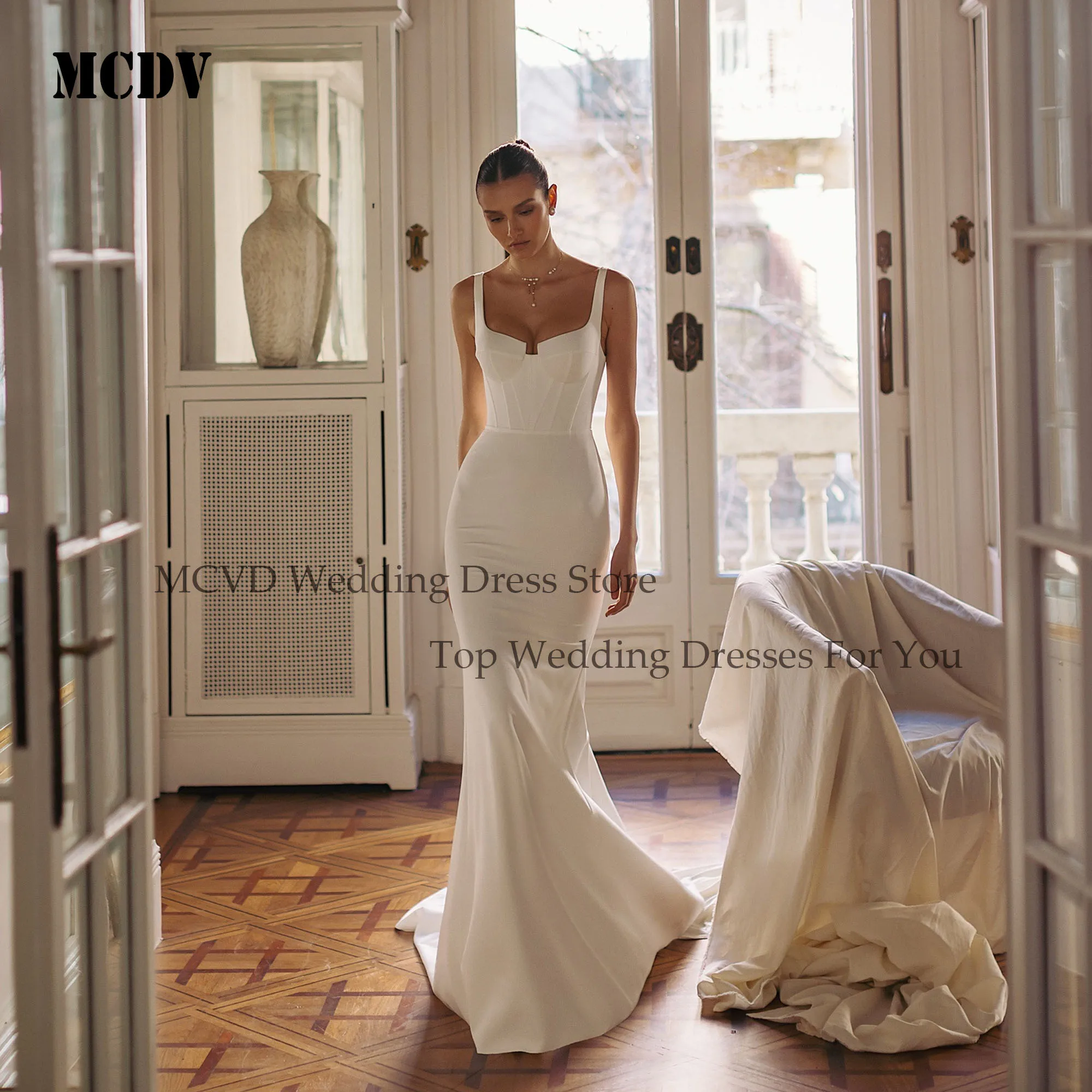 

MCDV Mermaid Elegant Satin Spaghetti Straps Wedding Dress Bridal Gowns Sleeveless vestidos de novia Backless Customized 2025