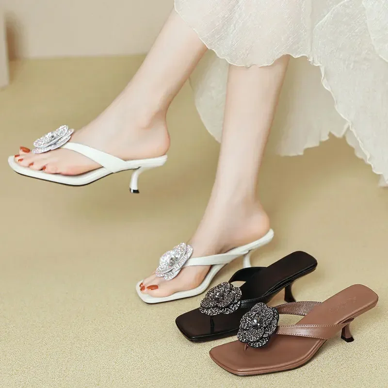 Women's High-heeled Slippers 2025 New Rhinester Flower Slippers Square Flip-flops