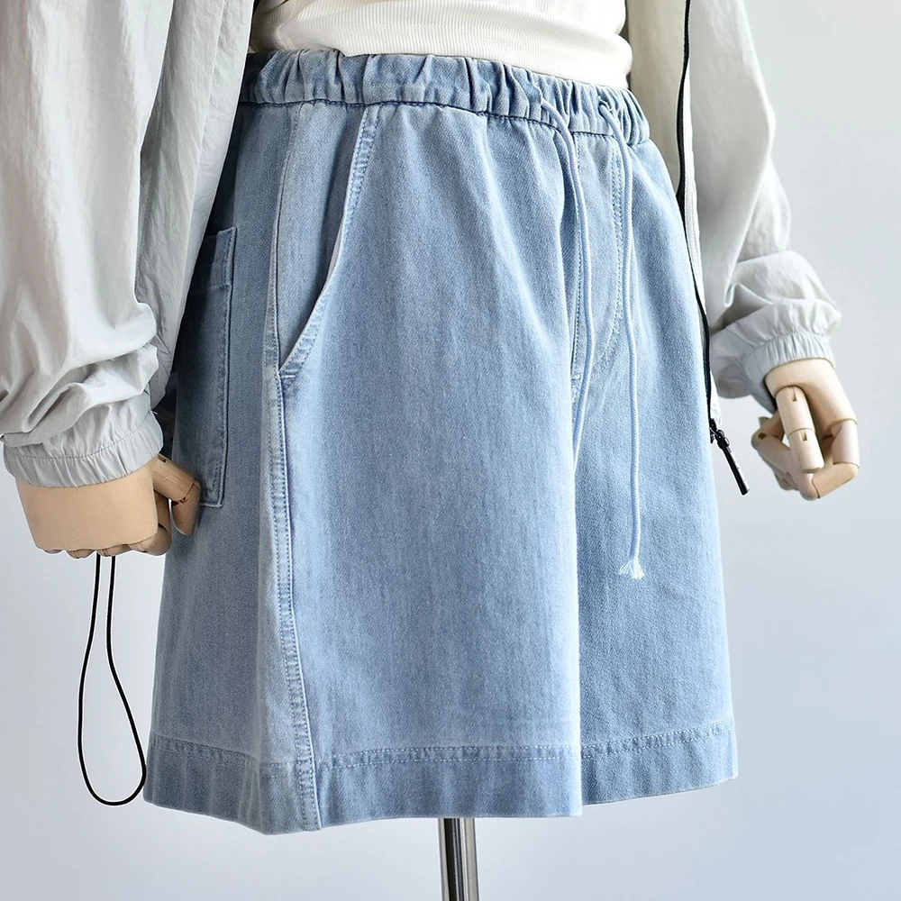 

Women Light Blue Denim Shorts Summer American Style Drawstring Elastic Waist Hot Pants Female Casual Loose Wide Leg Shorts