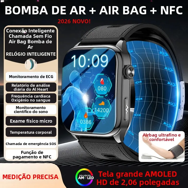Novo airbag bomba de ar monitor pressão arterial masculino relógio inteligente ecg + ppg gordura no sangue ácido úrico freqüência cardíaca temperatura