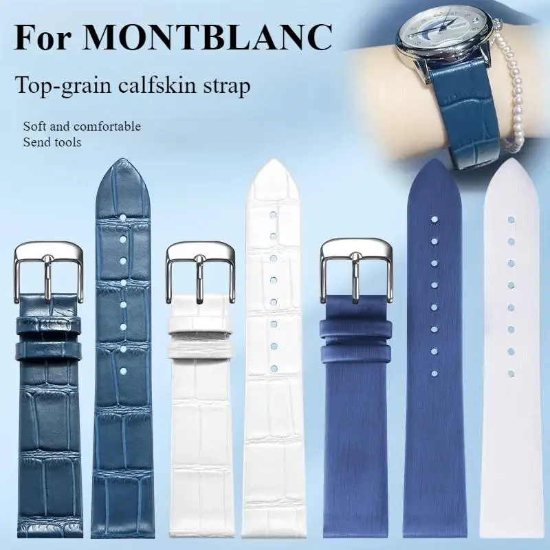 Correa de reloj con patrón de piel de cocodrilo para MONTBLANC BOHEME 127358 STAR LEGACY original, correa de tela azul y blanca con estampado de seda