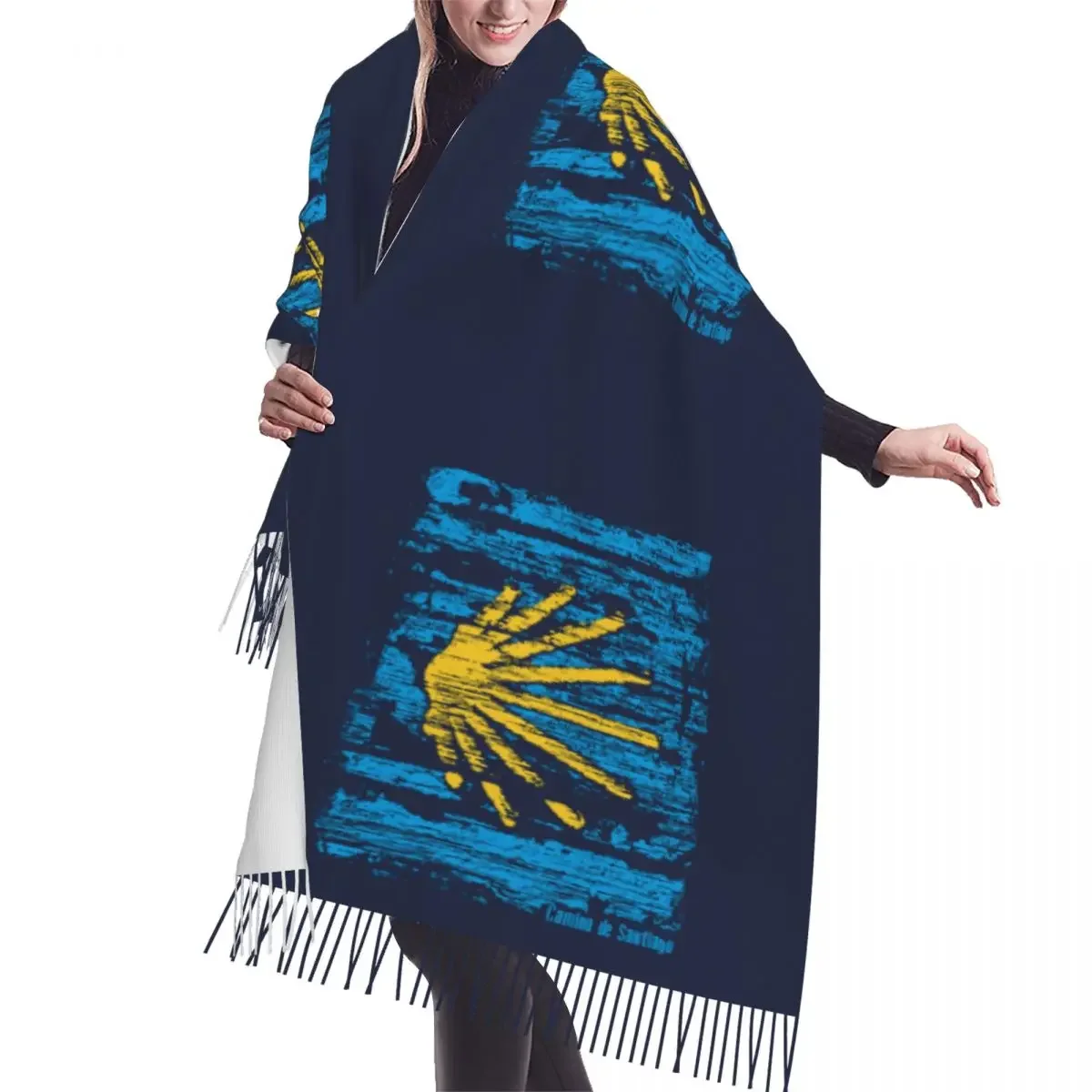 Custom Concha Camino De Santiago Scarf Wrap for Women Long Winter Warm Tassel Shawl Unisex Scarves