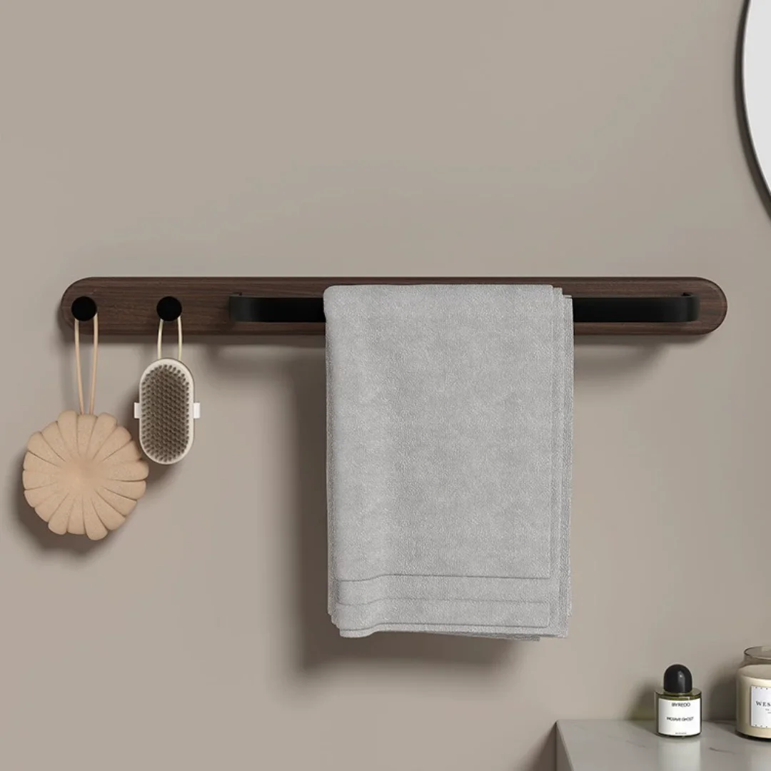 

Wood Towel Hanger with Hooks Wall Mounted Towel Holder Black Towel Rack Bathroom Towel Bar Rail Towel Ring