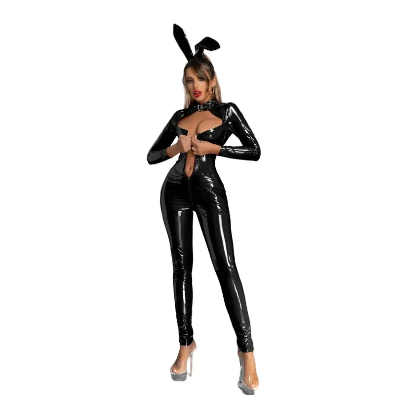 

Zipper Open Crotch Women's Bodysuit PU Faux Leather Jumpsuit Erotic Uniform Hollow Out Gothic Tights Turtleneck Long Sleeved