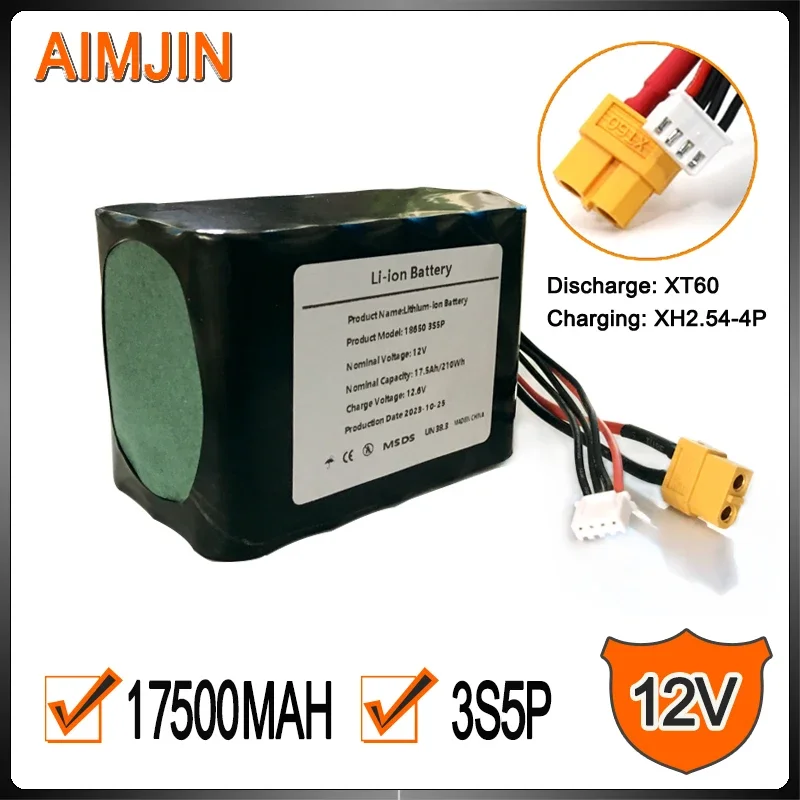 

3S5P 12V 17500mAh High Capacity Rechargeable Li-ion Battery 17.5Ah for Various RC Airplane Drone Quadrotor,Connector XH2.54+XT60