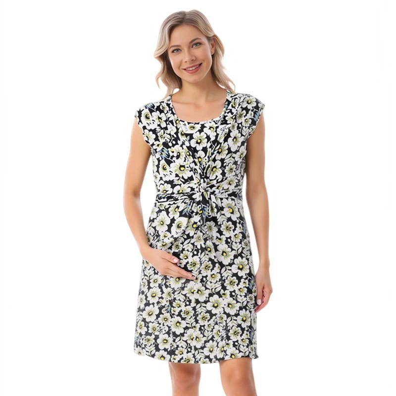 فستان للرضاعة الطبيعية فساتين فستان حمل طباعة ألف خط بلا أكمام فساتين بطول الركبة للنساء الحوامل الصيف #4