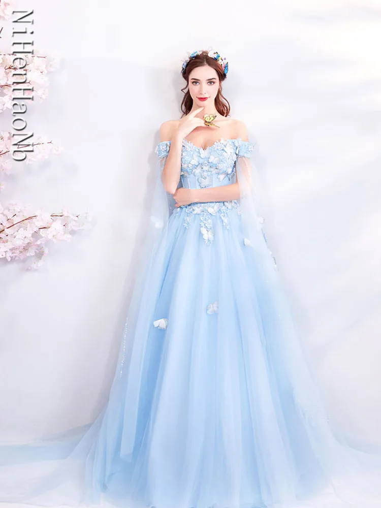 Blue Luxury Party Dress for Women Wedding Off Shoulder Bridal Evening Formal Quinceanera Dresses