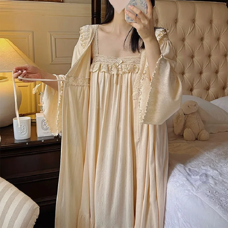 Sexy Cotton 2 Pieces Robe Sets For Women Autumn Spring Robes Royal Roupas De Dormir Femininas Loose Sleepwear