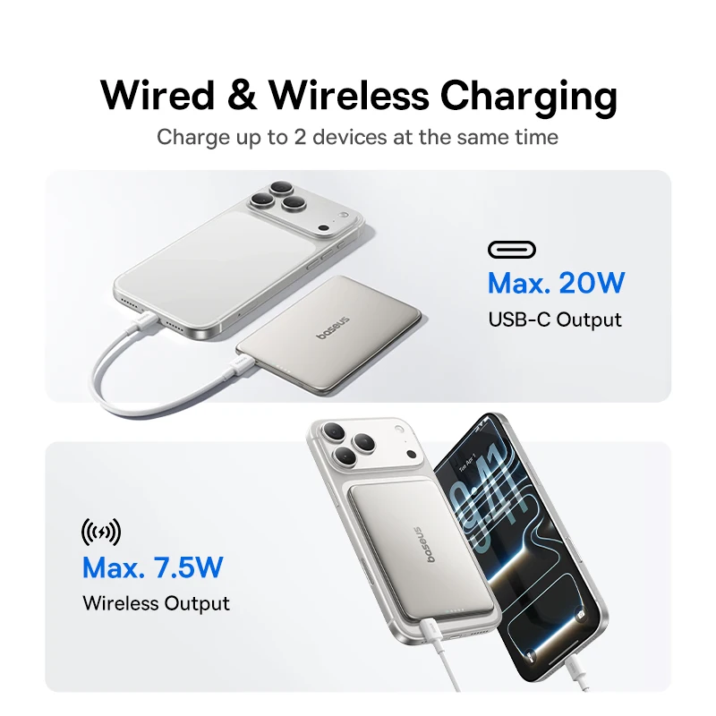 Baseus 5000mAh Magnetic Power Bank 15W Wireless 20W Wired Charging Thin Card-Sized Slim Portable Powerbank for iPhone 17 Samsung view 3