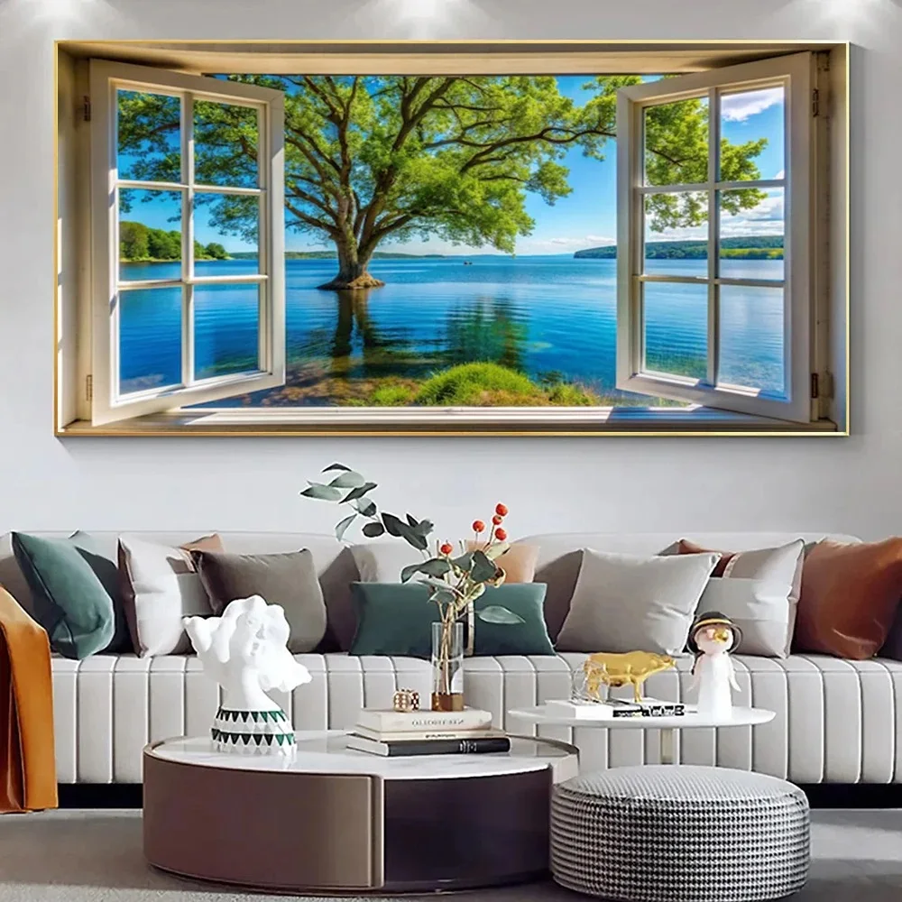 Window Sea Natural Landscape,Diamond Painting Large Full Square Round Waterfall Flowers Birds Diamond Mosaic Jewelry Cross Stich