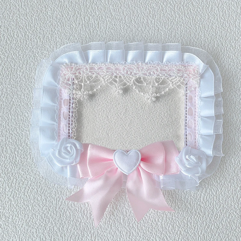 Handmade 3‑inch photocard holder, multi‑color, layered lace ruffle, satin big bow, heart ornament, fabric rose decor, sweet Lolita style, for polaroid, idol collectible & anime cards view 6