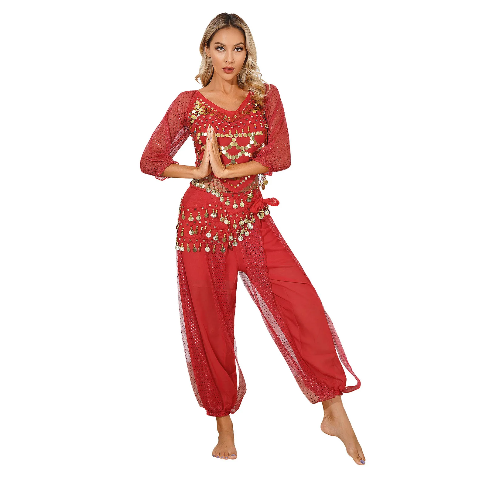 

Women Bells Belly Dance Halloween Carnival Stage Performance Costume Lace-up Irregular Hem Crop Top Bloomers Hip Scarf Belly Set