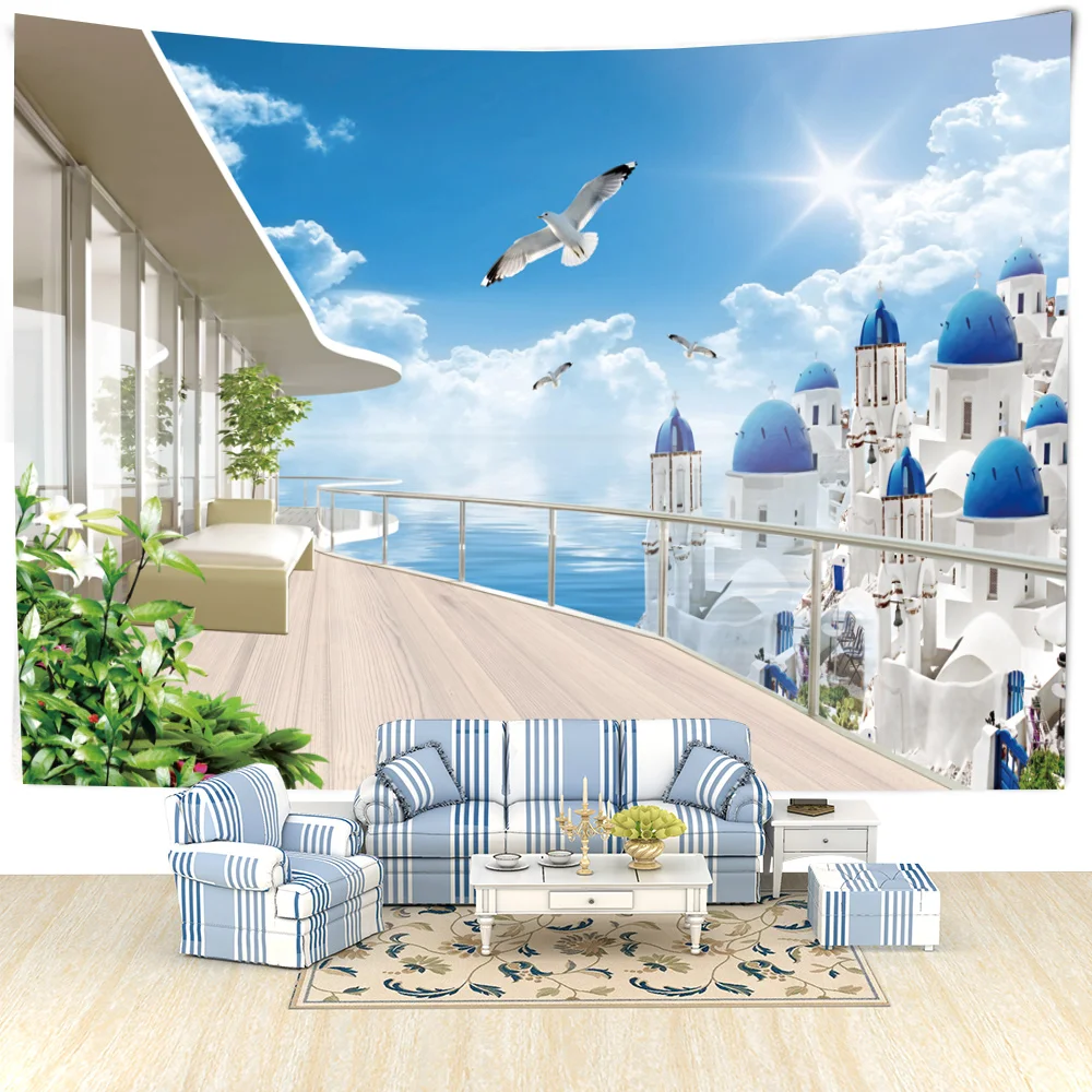 Sea View Castle Seagull Tapestry Wall Hanging Simple Modern Home Bohemian Hippie Art Aesthetics Room Decor