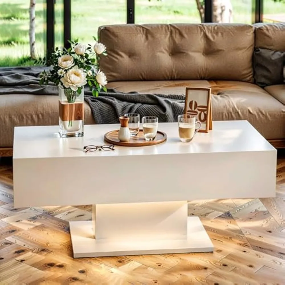 Table basse à LED avec finition brillante, table de cocktail, lumières LED RVB, surface étanche, 43.2 ", salon, degré de rayure