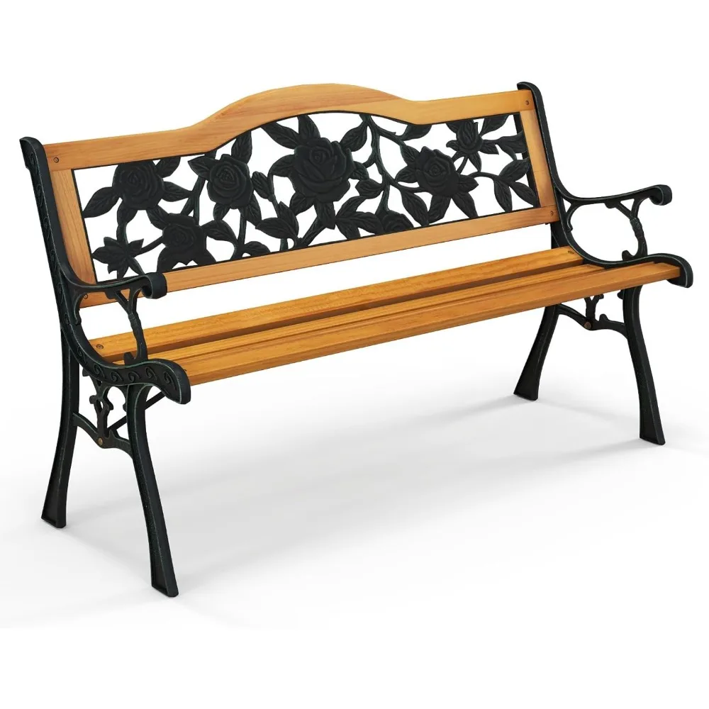 Outdoor Garden Bench Park Bench, Patio Furniture Bench Chair with Cast Iron & Hardwood Structure, Weather Proof Porch Loveseat