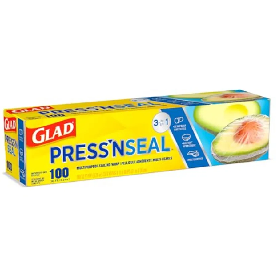 غلاف طعام بلاستيكي من Glad Press'N Seal مكون من 100 لفة قدم مربعة مكونة من 3 قطع مثالية لتخزين المطبخ وإعداد الوجبات والحفاظ على الطعام