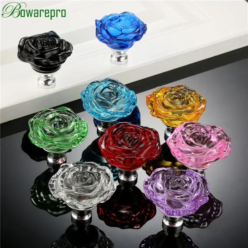 Bowarepro 50 มม.คริสตัลRoseแก้วจับตู้ลิ้นชักดึงตู้เสื้อผ้าครัวเฟอร์นิเจอร์ฮาร์ดแวร์Knobs Handles