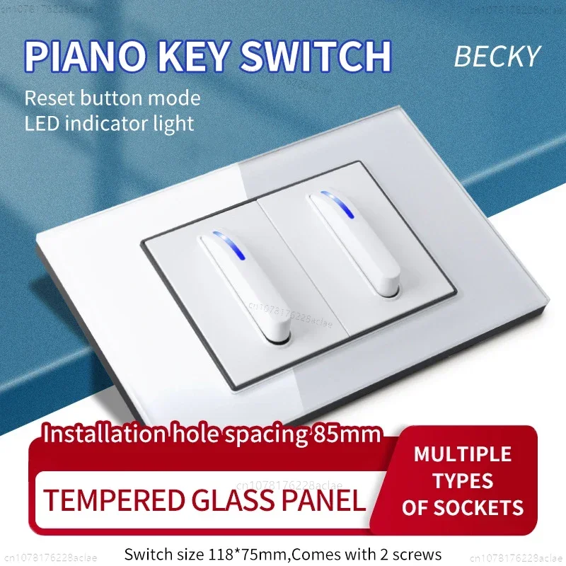 

118 Type Piano Key White Tempered Glass Fashionable Switch Socket American British European Standard Universal Socket